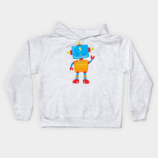 Cute Robot, Colorful Robot, Funny Robot, Robotics Kids Hoodie by Jelena Dunčević